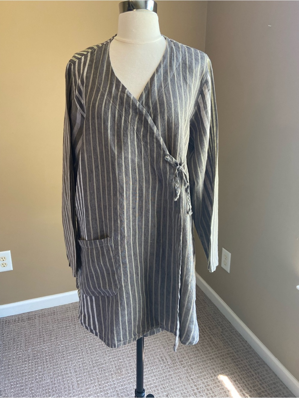 Flax Striped Wrap Top/Tunic, 100% Linen, Size Medium, Minimalist, Flowy, Beach